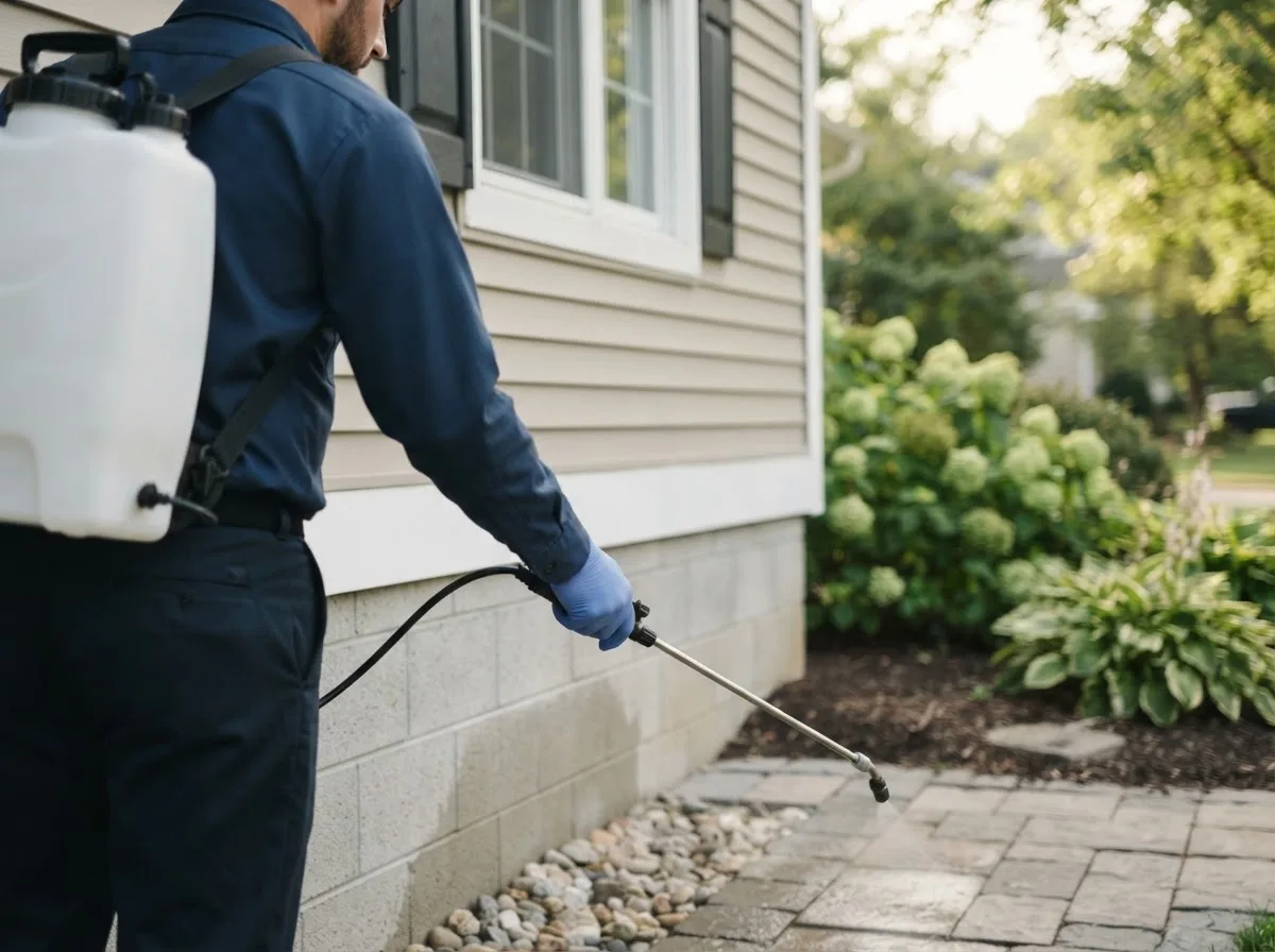 Pest control technician inspecting a home in Petersburg, NE